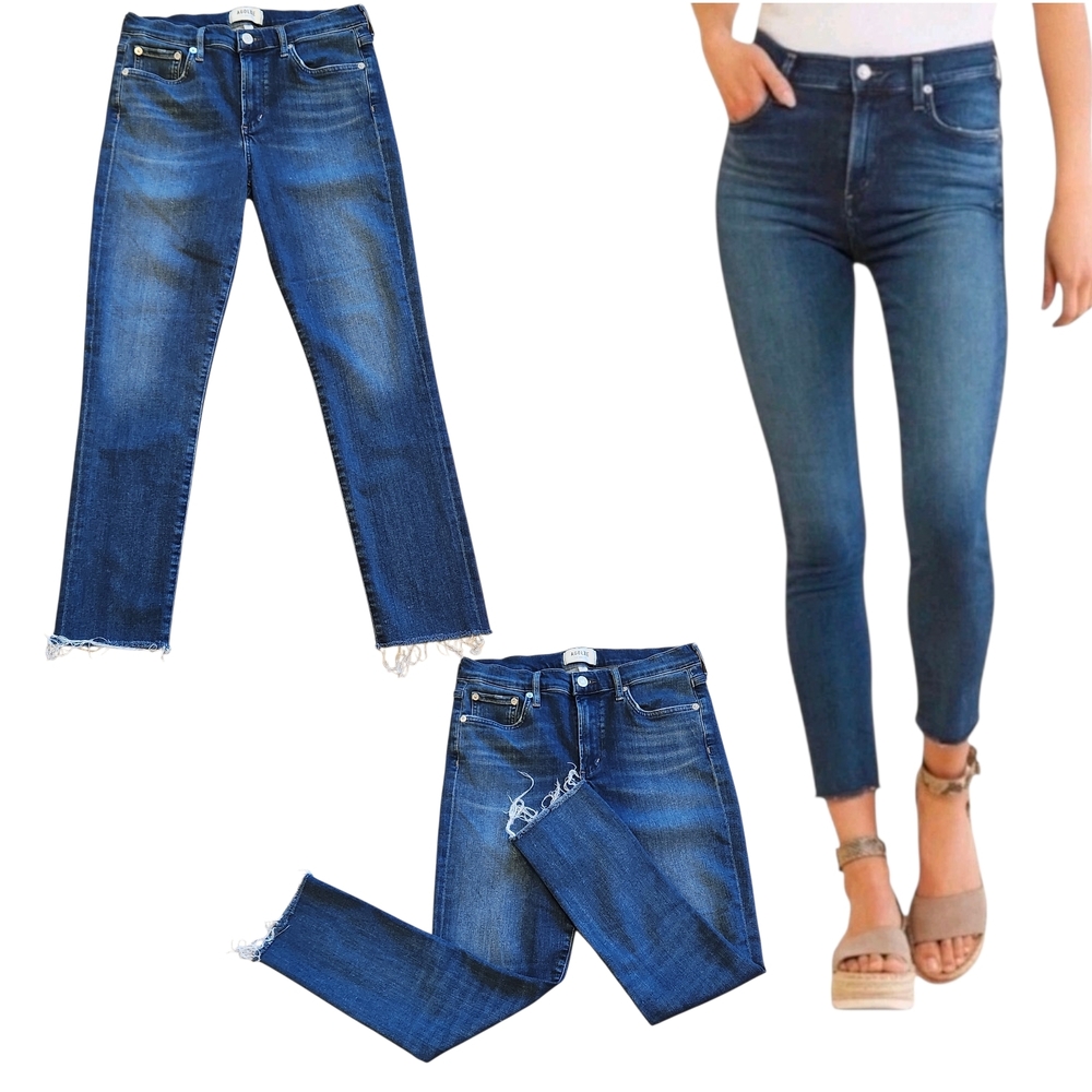 AGOLDE Womens 28 Sophie High Rise Dark Indigo Stretch Raw Hem Skinny Crop Jeans